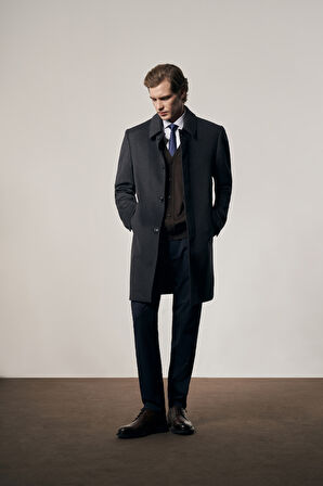 Koyu Antrasit 110 Cm Kaşe Düz Sırt Kapitoneli Astar Comfort Fit Classic Palto 1005245154