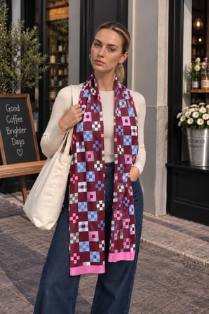 Tarzını Seç Bordo Geometrik Kare Desenli Yumoş Polar Kışlık Şal Atkı 70 x 180 cm