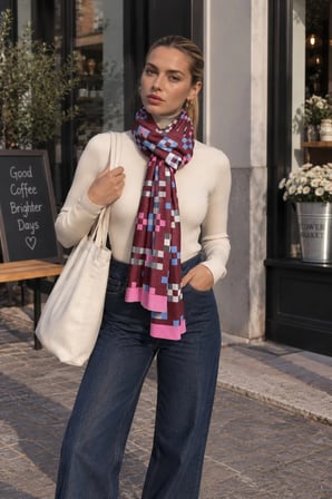 Tarzını Seç Bordo Geometrik Kare Desenli Yumoş Polar Kışlık Şal Atkı 70 x 180 cm