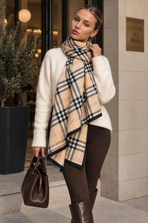 Tarzını Seç Bej Klasik Ekose Desenli Yumoş Polar Kışlık Şal Atkı 70 x 180 cm