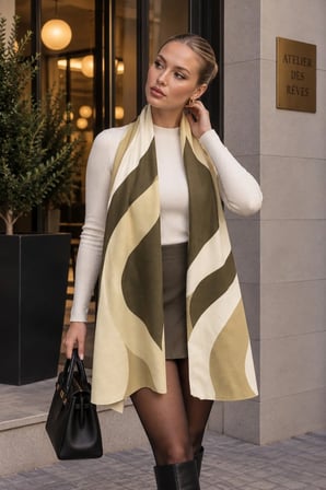 Tarzını Seç Haki Krem Dalga Desenli Yumoş Polar Kışlık Şal Atkı 70 x 180 cm