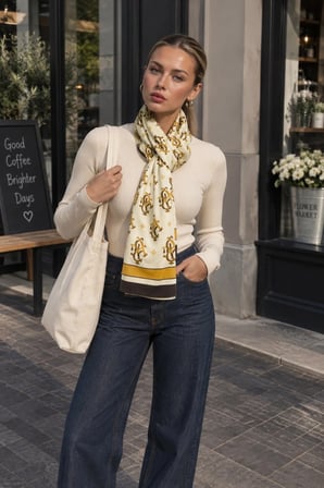 Tarzını Seç Ekru Gold Klasik Monogram Desenli Yumoş Polar Kışlık Şal Atkı 70 x 180 cm