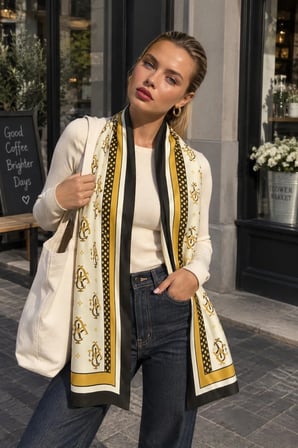 Tarzını Seç Ekru Gold Klasik Monogram Desenli Yumoş Polar Kışlık Şal Atkı 70 x 180 cm