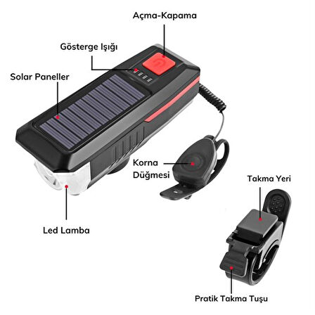 Solar Enerjili USB ile Şarj Edilebilir Ledli Bisiklet Feneri Kornalı ve Su Geçirmez Far 