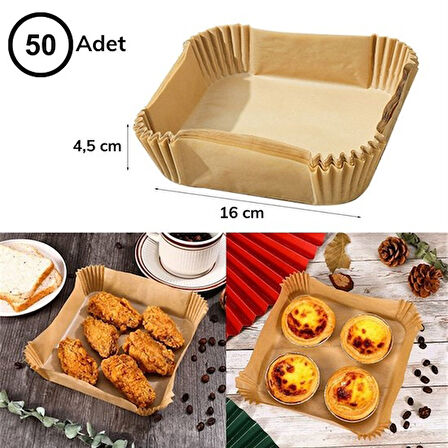 50 Adet Air Fryer Pişirme Kağıdı Tek Kullanımlık Hava Fritöz Yağ Geçirmez Yapışmaz Kare Tabak Model 