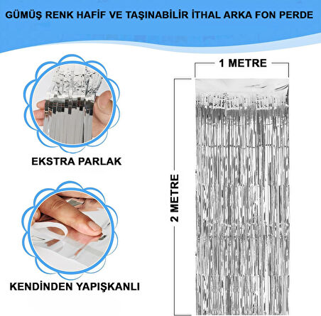 Gümüş Renk Ekstra Metalize Parlak Saçaklı Arka Fon Perde İthal A Kalite 1x2 Metre 