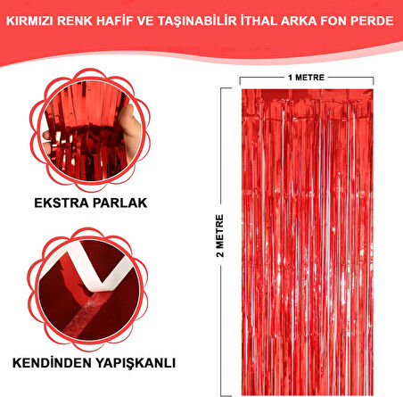 Kırmızı Renk Ekstra Metalize Parlak Saçaklı Arka Fon Perde İthal A Kalite 1x2 Metre 