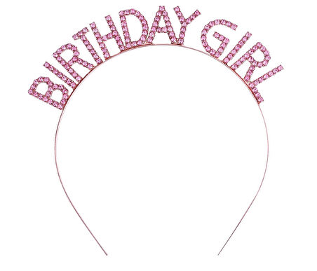 Pembe Renk Kristal Taşlı Parlak Birthday Girl Yazılı Taç 16x17 cm 