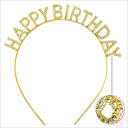 Altın Gold Renk Kristal Taşlı Parlak Happy Birthday Taç 16x17 cm 