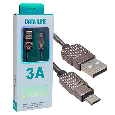 3 AMPER METAL YAYLI MICRO USB DATA VE ŞARJ KABLOSU 1 METRE 