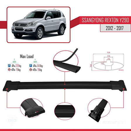 Ssangyong Rexton (Y290) 2012-2017 Arası ile Uyumlu FLY Model Ara Atkı Tavan Barı Siyah 3 Adet