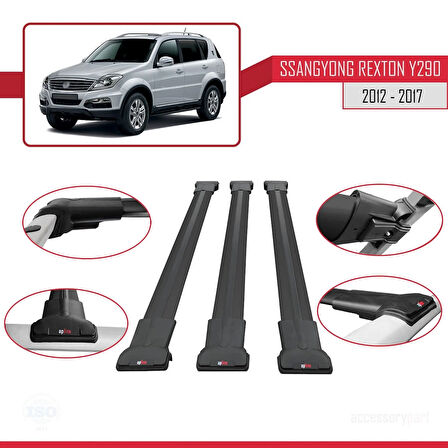 Ssangyong Rexton (Y290) 2012-2017 Arası ile Uyumlu FLY Model Ara Atkı Tavan Barı Siyah 3 Adet