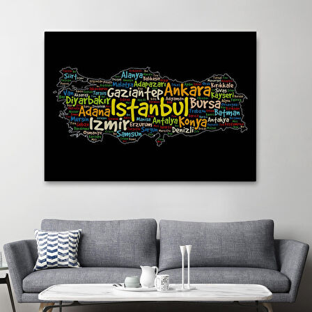 Harita Sepeti İller İsimli Siyah Zeminli Dekoratif Kanvas Tablo 1005