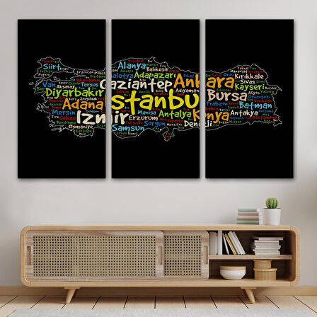 Harita Sepeti İller İsimli Siyah Zeminli Dekoratif Kanvas Tablo 1005