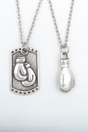 2'li Boks Eldiveni - Künye Gümüş Kaplama Kolye Seti