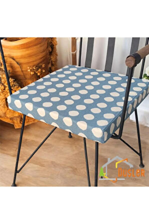 40x40 Krem Puantiyeli Mavi Su ve Leke İtici Fermuarlı Bağcıklı Sandalye Minderi 5 cm