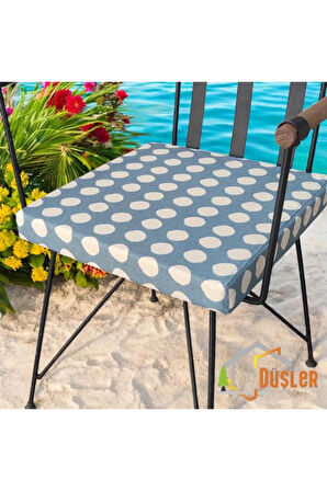 40x40 Krem Puantiyeli Mavi Su ve Leke İtici Fermuarlı Bağcıklı Sandalye Minderi 5 cm