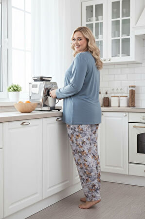 Kadın Çiçek Desen 3 Düğme Likralı Viskon Mevsimlik Büyük Beden Uzun Kol Pijama Takımı