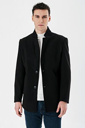 Siyah Kaşe Dik Yaka Astarlı Slim Fit Dar Kesim Casual Mont 1007235170