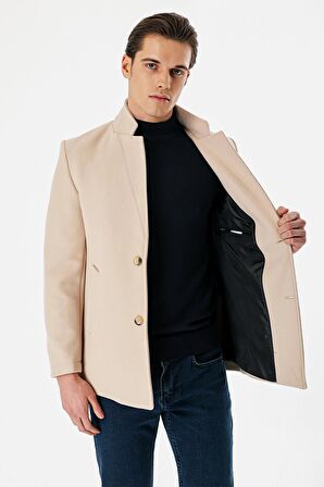 Açık Bej Kaşe Dik Yaka Astarlı Slim Fit Dar Kesim Casual Mont 1007235170