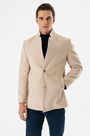 Açık Bej Kaşe Dik Yaka Astarlı Slim Fit Dar Kesim Casual Mont 1007235170