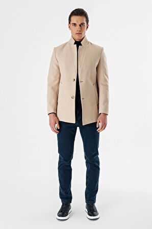 Açık Bej Kaşe Dik Yaka Astarlı Slim Fit Dar Kesim Casual Mont 1007235170
