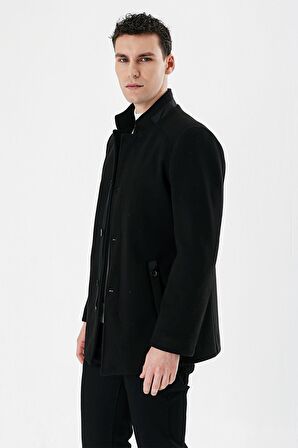 Siyah Kaşe Hakim Yaka Astarlı Slim Fit Dar Kesim Casual Mont 1007235171