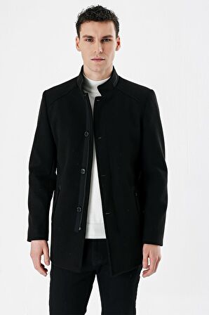 Siyah Kaşe Hakim Yaka Astarlı Slim Fit Dar Kesim Casual Mont 1007235171