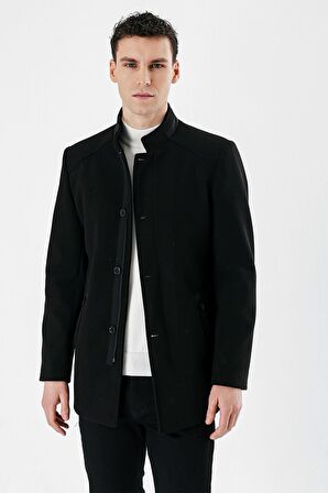 Siyah Kaşe Hakim Yaka Astarlı Slim Fit Dar Kesim Casual Mont 1007235171