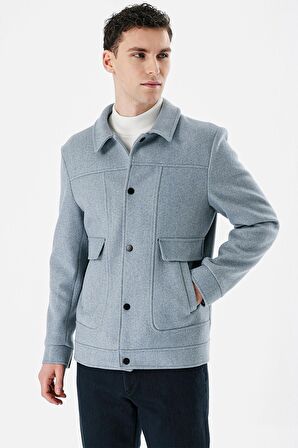 Koyu Mavi Kaşe Kolej Yaka Astarlı Slim Fit Dar Kesim Casual Mont 1007235172