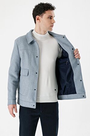 Koyu Mavi Kaşe Kolej Yaka Astarlı Slim Fit Dar Kesim Casual Mont 1007235172