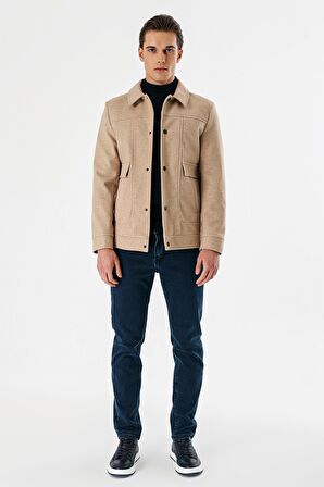 Bej Kaşe Kolej Yaka Astarlı Slim Fit Dar Kesim Casual Mont 1007235172