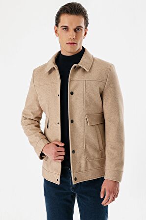 Bej Kaşe Kolej Yaka Astarlı Slim Fit Dar Kesim Casual Mont 1007235172