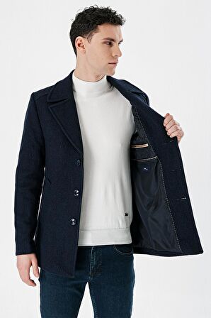 Lacivert Kaşe Kırlangıç Yaka Desenli Yünlü Astarlı Slim Fit Dar Kesim Casual Mont 1007235173