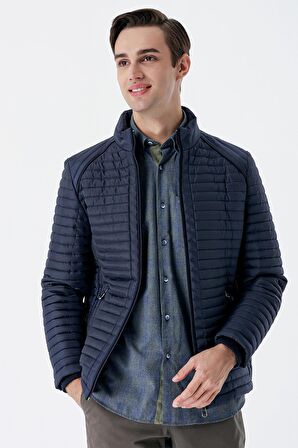 Koyu Lacivert Kapitone Dolumlu Dik Yaka Astarlı Slim Fit Dar Kesim Casual Mont 1007235264