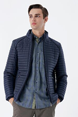 Koyu Lacivert Kapitone Dolumlu Dik Yaka Astarlı Slim Fit Dar Kesim Casual Mont 1007235264