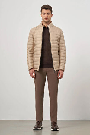 Bej Kapitone Hakim Yaka Düz Yırtmaçsız Tam Astar Slim Fit Classic Mont 1007245155