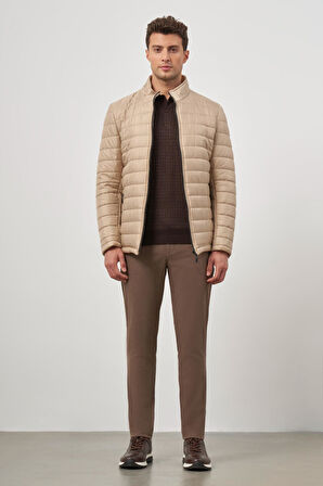 Bej Kapitone Hakim Yaka Düz Yırtmaçsız Tam Astar Slim Fit Classic Mont 1007245155