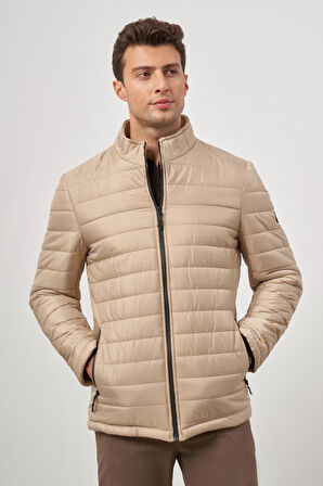 Bej Kapitone Hakim Yaka Düz Yırtmaçsız Tam Astar Slim Fit Classic Mont 1007245155