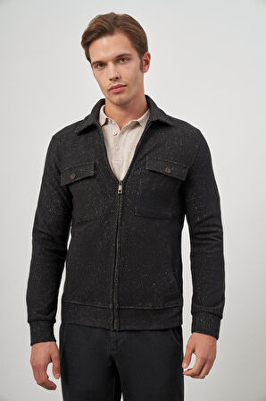 Siyah Örme Bebe Yaka Kendinden Desenli Yırtmaçsız Astarsız Slim Fit Classic Mont 1007245156