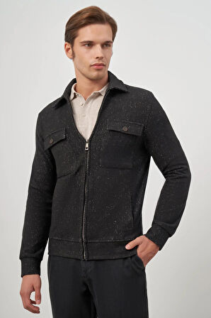 Siyah Örme Bebe Yaka Kendinden Desenli Yırtmaçsız Astarsız Slim Fit Classic Mont 1007245156