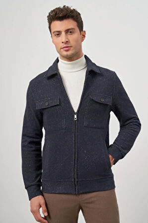 Koyu Lacivert Örme Bebe Yaka Kendinden Desenli Yırtmaçsız Astarsız Slim Fit Classic Mont 1007245156