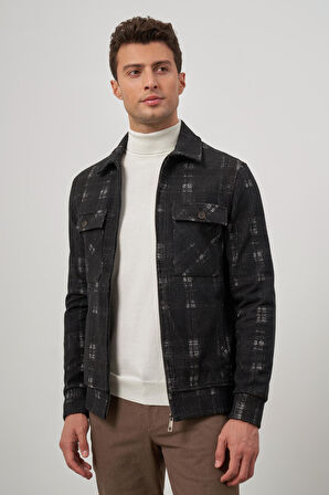 Siyah Örme Bebe Yaka Kendinden Desenli Yırtmaçsız Astarsız Slim Fit Classic Mont 1007245157