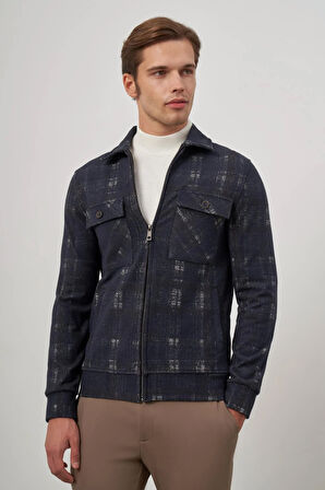 Koyu Lacivert Örme Bebe Yaka Kendinden Desenli Yırtmaçsız Astarsız Slim Fit Classic Mont 1007245157