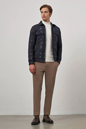 Koyu Lacivert Örme Bebe Yaka Kendinden Desenli Yırtmaçsız Astarsız Slim Fit Classic Mont 1007245157