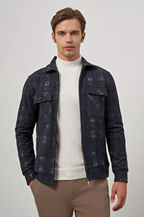 Koyu Lacivert Örme Bebe Yaka Kendinden Desenli Yırtmaçsız Astarsız Slim Fit Classic Mont 1007245157