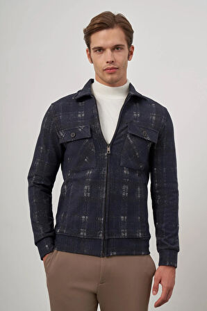 Koyu Lacivert Örme Bebe Yaka Kendinden Desenli Yırtmaçsız Astarsız Slim Fit Classic Mont 1007245157