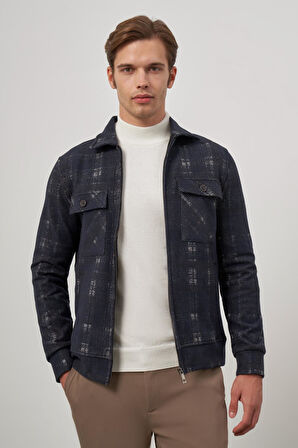 Koyu Lacivert Örme Bebe Yaka Kendinden Desenli Yırtmaçsız Astarsız Slim Fit Classic Mont 1007245157