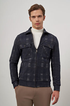 Koyu Lacivert Örme Bebe Yaka Kendinden Desenli Yırtmaçsız Astarsız Slim Fit Classic Mont 1007245157