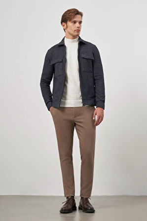 Koyu Lacivert Örme Bebe Yaka Kendinden Desenli Yırtmaçsız Astarsız Slim Fit Classic Mont 1007245158